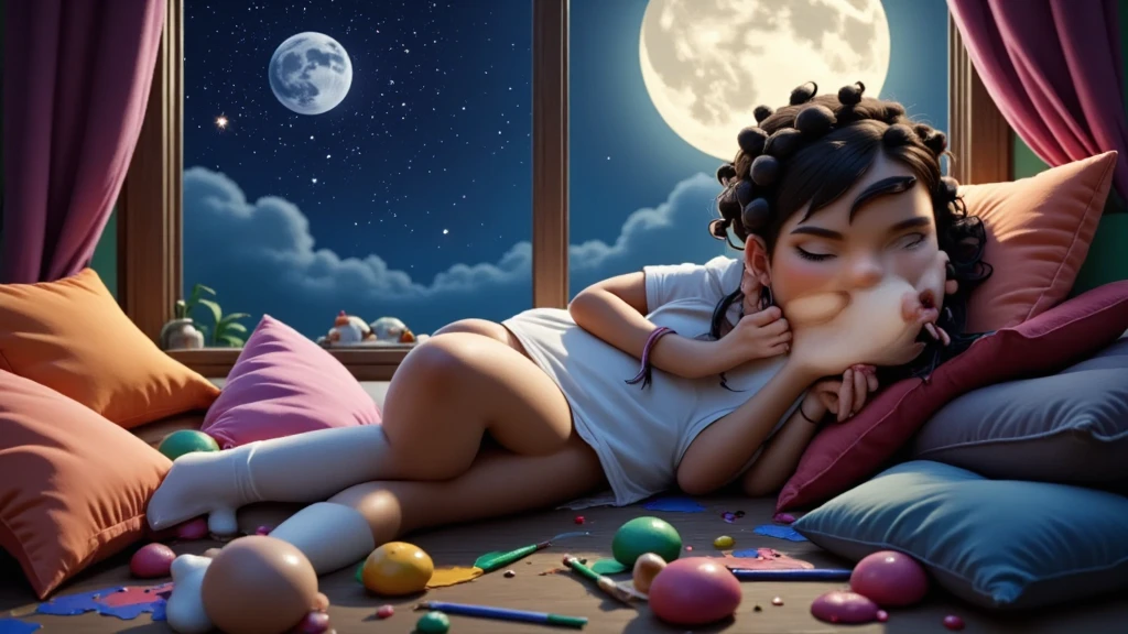 Inspired by Disney-Pixar 3D posters, the scene shows a girl, light brown skin, African descent, curly hair tied in a ponytail, a pink lock of hair, lying down with her eyes closed, clearly sleeping peacefully and happily. It is night, the moon is full and the stars shine breathtakingly, and the room has a soft glow that exudes a magical and peaceful atmosphere. The girl is surrounded by creative chaos: vibrant paints scattered everywhere, cushions of various colors around her, brushes and open paint pots, with splashes covering the floor, the cushions and even her own clothes. Her white T-shirt and pink shorts, short and sexy, tucked into her vagina so tight, white socks up to her knees. A huge window shows the beauty of this special night. They are stained with paint, her body is covered in splashes and traces of paint, but this adds to the feeling of creative joy. Her expression conveys peace and contentment, as if she had fallen asleep in the middle of an imaginative painting session. The scene, although messy, is enveloped by a playful and comforting atmosphere, highlighting creativity and dreaming.