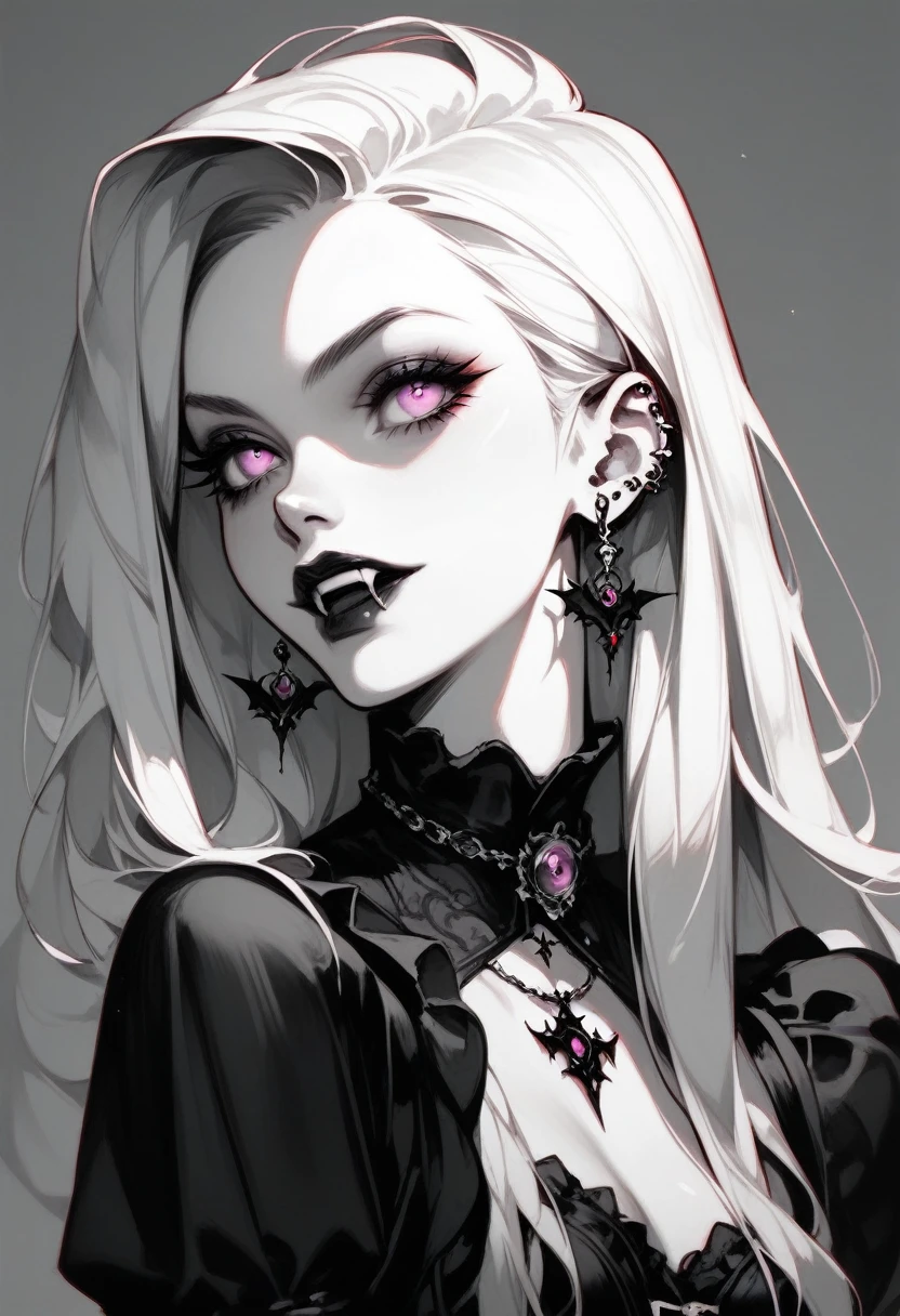 gothic girl, long white hair,  vampire fangs , looking at the spectator, simple gothic background, Violet Eyes,jewelry,monochrome ,greyscale, earrings,corset