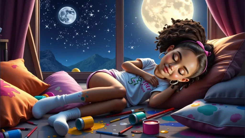 Inspired by Disney-Pixar 3D posters, the scene shows a girl, light brown skin, African descent, curly hair tied in a ponytail, a pink lock of hair, lying down with her eyes closed, clearly sleeping peacefully and happily. It is night, the moon is full and the stars shine breathtakingly, and the room has a soft glow that exudes a magical and peaceful atmosphere. The girl is surrounded by creative chaos: vibrant paints scattered everywhere, cushions of various colors around her, brushes and open paint pots, with splashes covering the floor, the cushions and even her own clothes. Her white T-shirt and pink shorts, short and sexy, tucked into her vagina so tight, white socks up to her knees. A huge window shows the beauty of this special night. They are stained with paint, her body is covered in splashes and traces of paint, but this adds to the feeling of creative joy. Her expression conveys peace and contentment, as if she had fallen asleep in the middle of an imaginative painting session. The scene, although messy, is enveloped by a playful and comforting atmosphere, highlighting creativity and dreaming.