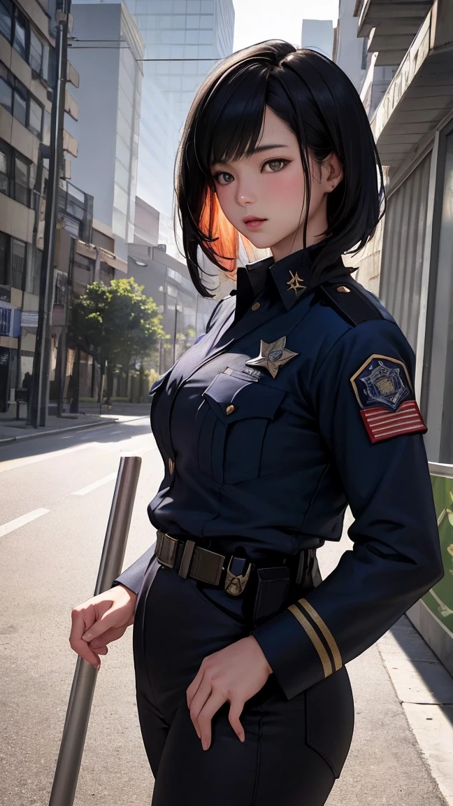 a young korean girl.
 black hair , short, spiky.
Bright gray eyes . 
 dressed as an American military officer, sexy.
 In the background the police station . 
32K, HDR, UHD, intricate detail, extremely intricate detail, hyperrealistic, extremely realistic, high quality, vivid color, extremely detailed, a masterpiece).