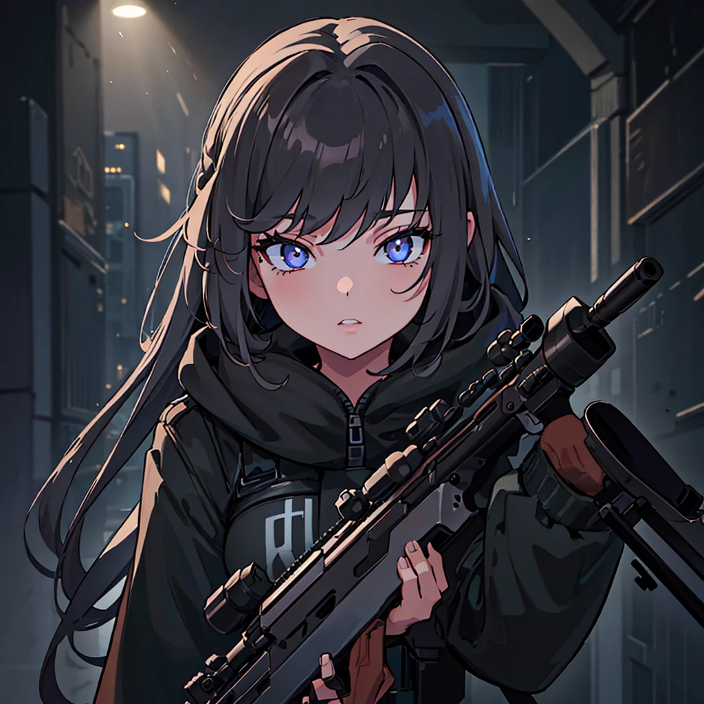 girl with long hair wearing oversized black hoodie,holding bolt-action sniper rifle,beautiful detailed eyes,beautiful detailed lips,extremely detailed face,long eyelashes,photorealistic,8k,hyperdetailed,cinematic lighting,dramatic lighting,moody atmosphere,chiaroscuro,digital painting,concept art,muted colors,cool color palette