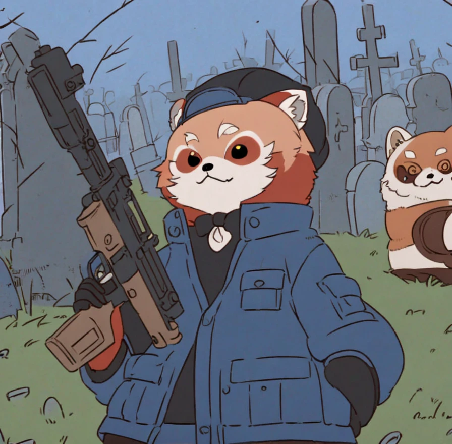 White Tanuki Red Panda, Black Cotton Cap, Blue Techwear Jacket, holding Uzi Gun, Graveyard 