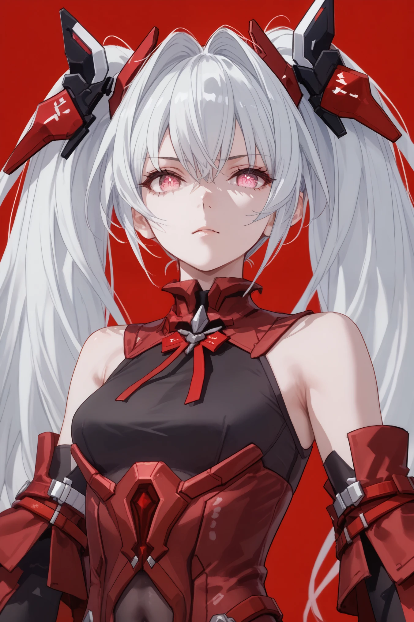 masterpiece, 1girl, anime, Oblivion, pink eyes, white hair, long hair, twintails, headgear, Oblivion clothes, navel visible through clothes, unitard, upper body, innexpressive, red background, simple background, score_9, score_8_up, score_7_up, unaestheticXL_Sky3.1