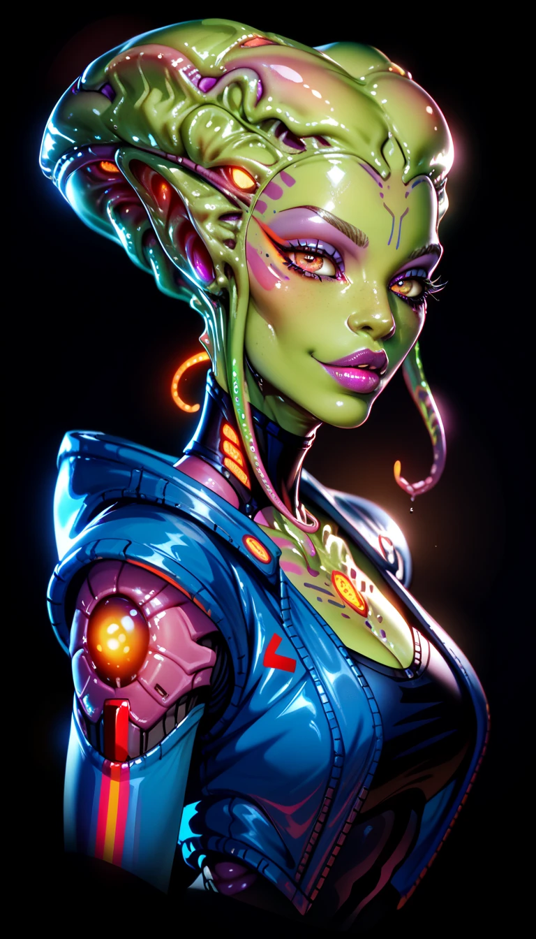 Ancient Extraterrestrial Creature, Alien Being, ((Non-Human)), Female seductive Alien, colorful skin, Revealing Glowing Biopunk, Futuristic Alien clothes, Seductive Alien technology, Black Background, Character Design Sheet