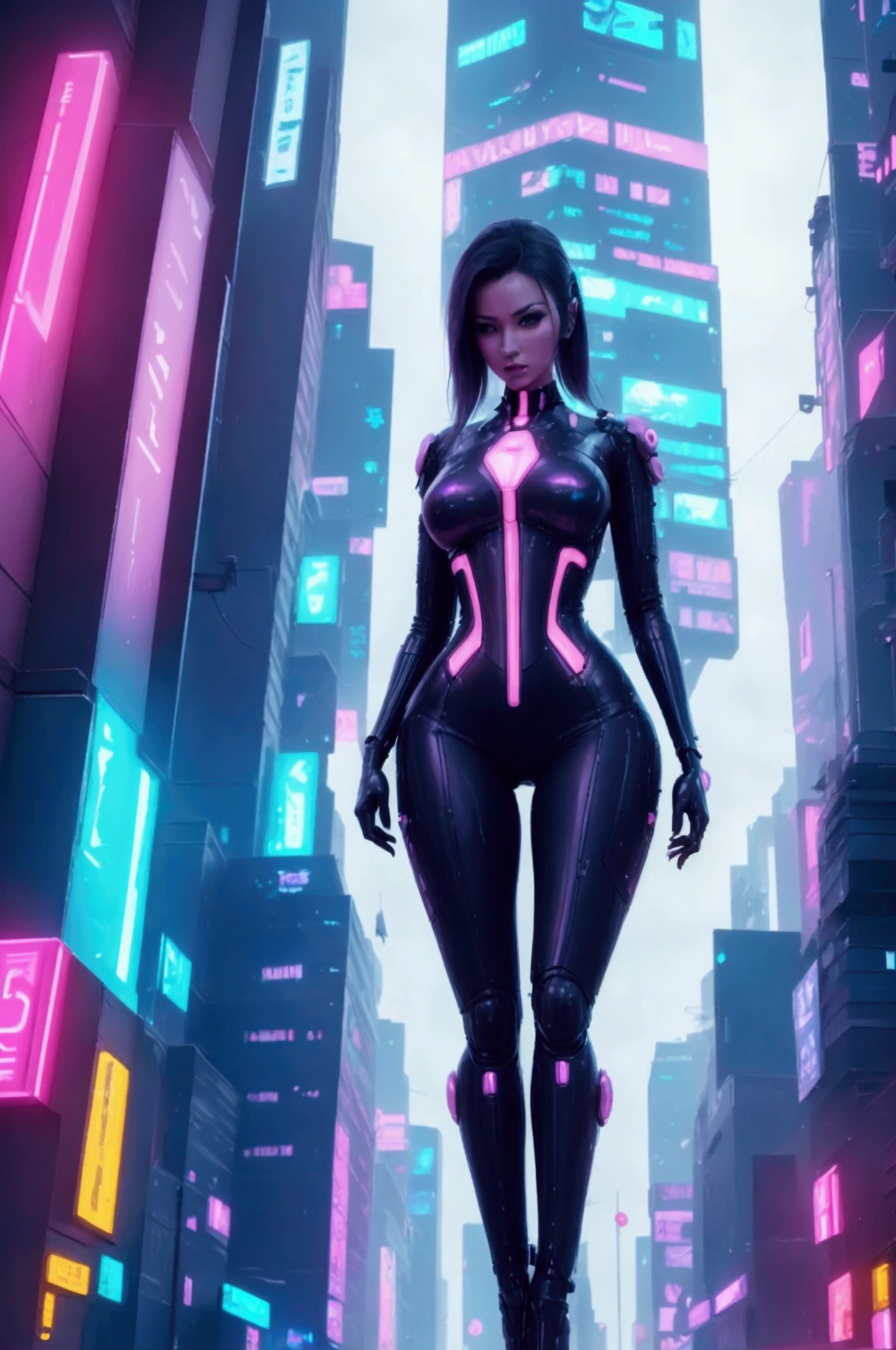 A futuristic urban scene with a cyberpunk style. Tall buildings adorned with neon signs in pink, blue and orange colors, with Asian characters. The street is wet, reflecting the neon lights, suggesting recent rain. The atmosphere is dark and foggy, adding a touch of mystery and futurism. A beautiful and voluptuous woman emerges from the background, her full body can be seen, dressed in a sexy dress that hugs her body, highlighting her curves. The woman is tall and slender but with pronounced curves. Her clothing has many futuristic details, as well as appliqués with electronic lighting. Some parts of her body are cybernetic implants. The woman is walking towards the front from the background, she is seen in her entirety, she has tall leather boots with high heels, which makes her legs look more slender. The scene is dramatic and electrifying. It creates everything very detailed and hyperrealistic.