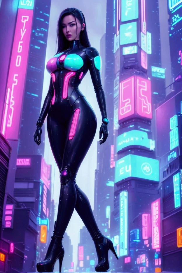 A futuristic urban scene with a cyberpunk style. Tall buildings adorned with neon signs in pink, blue and orange colors, with Asian characters. The street is wet, reflecting the neon lights, suggesting recent rain. The atmosphere is dark and foggy, adding a touch of mystery and futurism. A beautiful and voluptuous woman emerges from the background, her full body can be seen, dressed in a sexy dress that hugs her body, highlighting her curves. The woman is tall and slender but with pronounced curves. Her clothing has many futuristic details, as well as appliqués with electronic lighting. Some parts of her body are cybernetic implants. The woman is walking towards the front from the background, she is seen in her entirety, she has tall leather boots with high heels, which makes her legs look more slender. The scene is dramatic and electrifying. It creates everything very detailed and hyperrealistic.