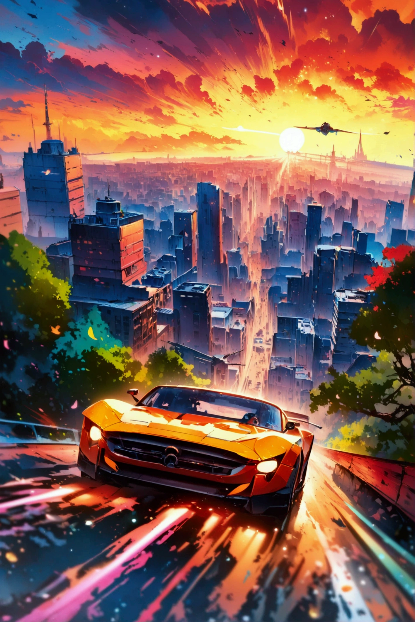 Group of racing cars against the backdrop of a huge city,  Complex and detailed racing cars , mechanized art concept,  Detailed Game Art Illustration ,  Epic Full Color Illustration ,  Hyperdetail Illustration,  Stars Within 、 Very Coherent Stylized Artwork ,  Automotive Design Art ,  Alessandro Pautasso's Art,  highly detailed official art ,  Colorful Illustrations ,   detailed digital illustration , , Vivid cartoon art