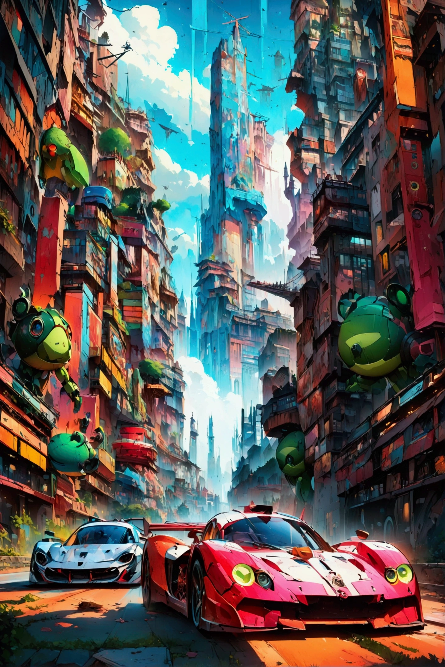 Group of racing cars against the backdrop of a huge city,  Complex and detailed racing cars , mechanized art concept,  Detailed Game Art Illustration ,  Epic Full Color Illustration ,  Hyperdetail Illustration,  Stars Within 、 Very Coherent Stylized Artwork ,  Automotive Design Art ,  Alessandro Pautasso's Art,  highly detailed official art ,  Colorful Illustrations ,   detailed digital illustration , , Vivid cartoon art