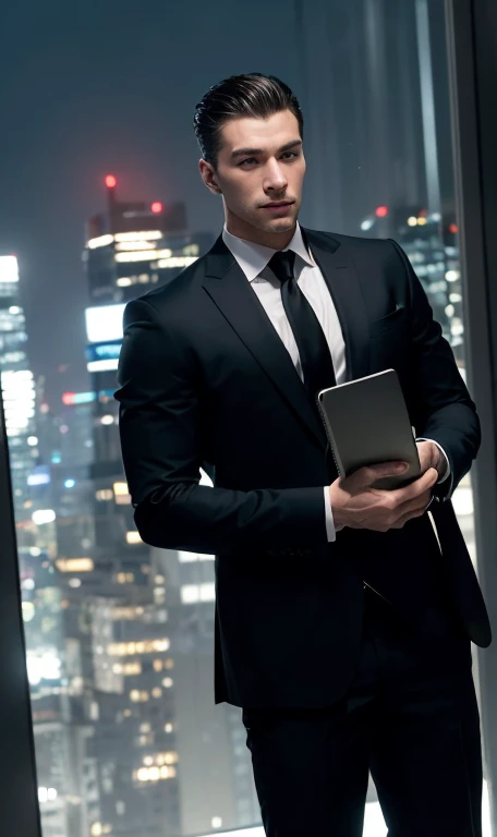   A photo Sophisticated of a handsome young man with his hair brushed back and green eyes.  He's wearing a black suit and tie ,  looks elegant and professional  .   He stands in front of a skyscraper  ,   with the city lights reflecting on the glass  .   He's holding a briefcase in one hand and smartphone on the other  ,   showing off his busy and successful lifestyle  .   He is looking at the camera with a serious and confident expression  ,  his slightly raised chin  .   The photo is taken from a right angle  ,   making him look powerful and stately  .   The photo has a cold, dark tone  ,   creating a sense of mystery and charisma  .