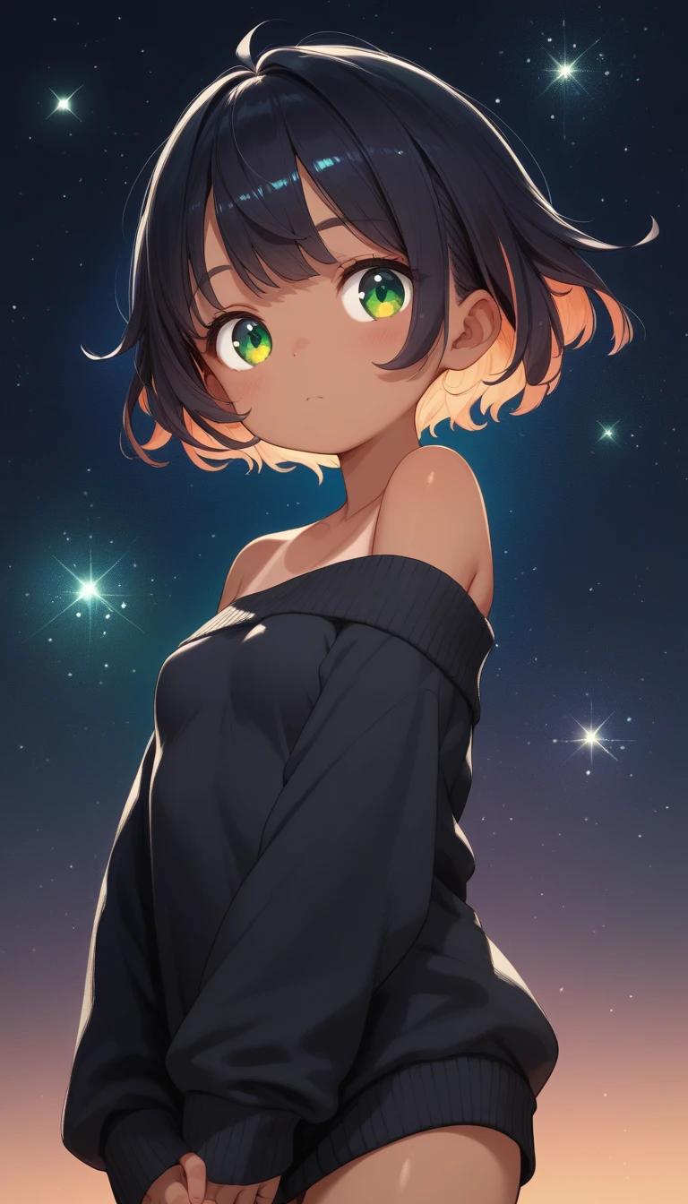 Sky, it's night, ****, ((((whole body)))), the night is full of stars, there are planets in the sky, bright colors, Incredible details, Shiny hair, spectacular hair, (little), (cute), short hair, galaxy hair, green eyes, silhouette, tanned, bottomless, ((small breasts)), black sweater, bare shoulder,