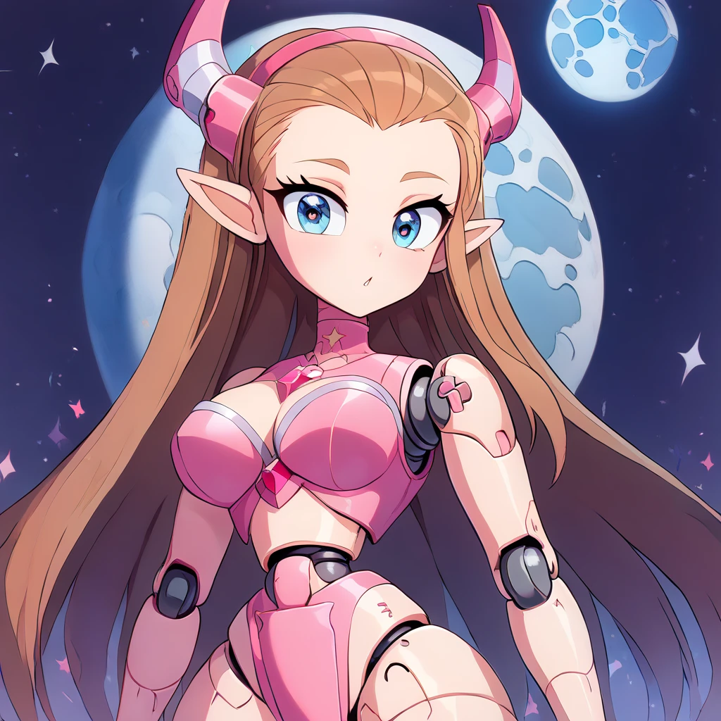 score_9, score_8_up, score_7_up, ((Masterpiece)), ((highres)), (1girl), a detailed cyborg girl, long brown hair, cybernetic waist cape, beautiful anime eyes, pink cyborg armor, cyberntic horns, (((cybirg joints))), defined elf ears, defined eyes, blue iris, long eye lashes, defined nose, curvy, wide hips, slim waist, hands to the sides oif her, ((pastel moon background))), (((waist shot)))