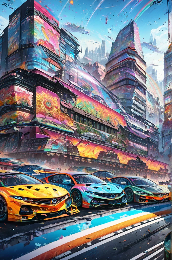 Group of racing cars against the backdrop of a huge city,  Complex and detailed racing cars , mechanized art concept,  Detailed Game Art Illustration ,  Epic Full Color Illustration ,  Hyperdetail Illustration,  Stars Within 、 Very Coherent Stylized Artwork ,  Automotive Design Art ,  Alessandro Pautasso's Art,  highly detailed official art ,  Colorful Illustrations ,   detailed digital illustration , , Vivid cartoon art