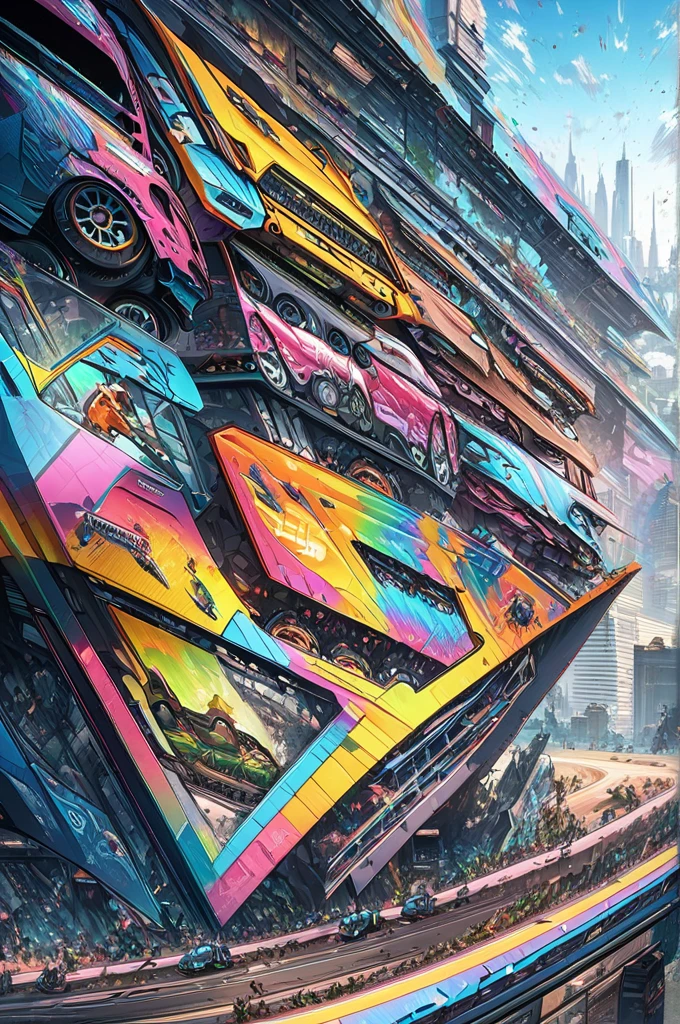 Group of racing cars against the backdrop of a huge city,  Complex and detailed racing cars , mechanized art concept,  Detailed Game Art Illustration ,  Epic Full Color Illustration ,  Hyperdetail Illustration,  Stars Within 、 Very Coherent Stylized Artwork ,  Automotive Design Art ,  Alessandro Pautasso's Art,  highly detailed official art ,  Colorful Illustrations ,   detailed digital illustration , , Vivid cartoon art