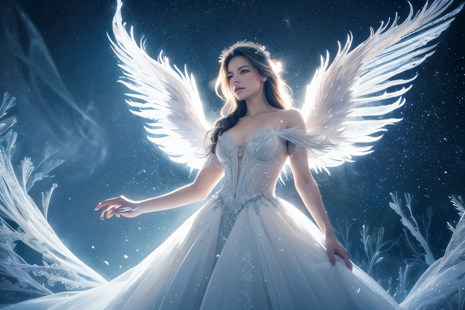 High quality digital painting of a magical fairy from a winter fairy tale flying over a snowy forest, she is flapping her wings, fantasy art, ethereal, glowing, enchanted forest, snowfall, delicate features of a beautiful face, long flowing white hair, ice crystals, elegant dress, detailed wings, mythical creature, whimsical, soft color palette, fairy tale, digital illustration, front view, full length, intricate details, dynamic emotional scene, The fantasy-inspired composition is marked by intricate details that exude elegance and high detail, realism. Using photorealistic digital painting techniques, the artwork achieves a smooth and clear focus, inviting viewers into a fascinating realm of creativity. This piece transcends conventional boundaries. The colors are deep and vibrant, whites, blues and sparkling, the combination of lightness and airiness creates a sense of depth and mystery. Amazing Fine Details, [Evangeline Lilly|Adriana Lima]:0.8, Shot on Phase ONE XF IQ4