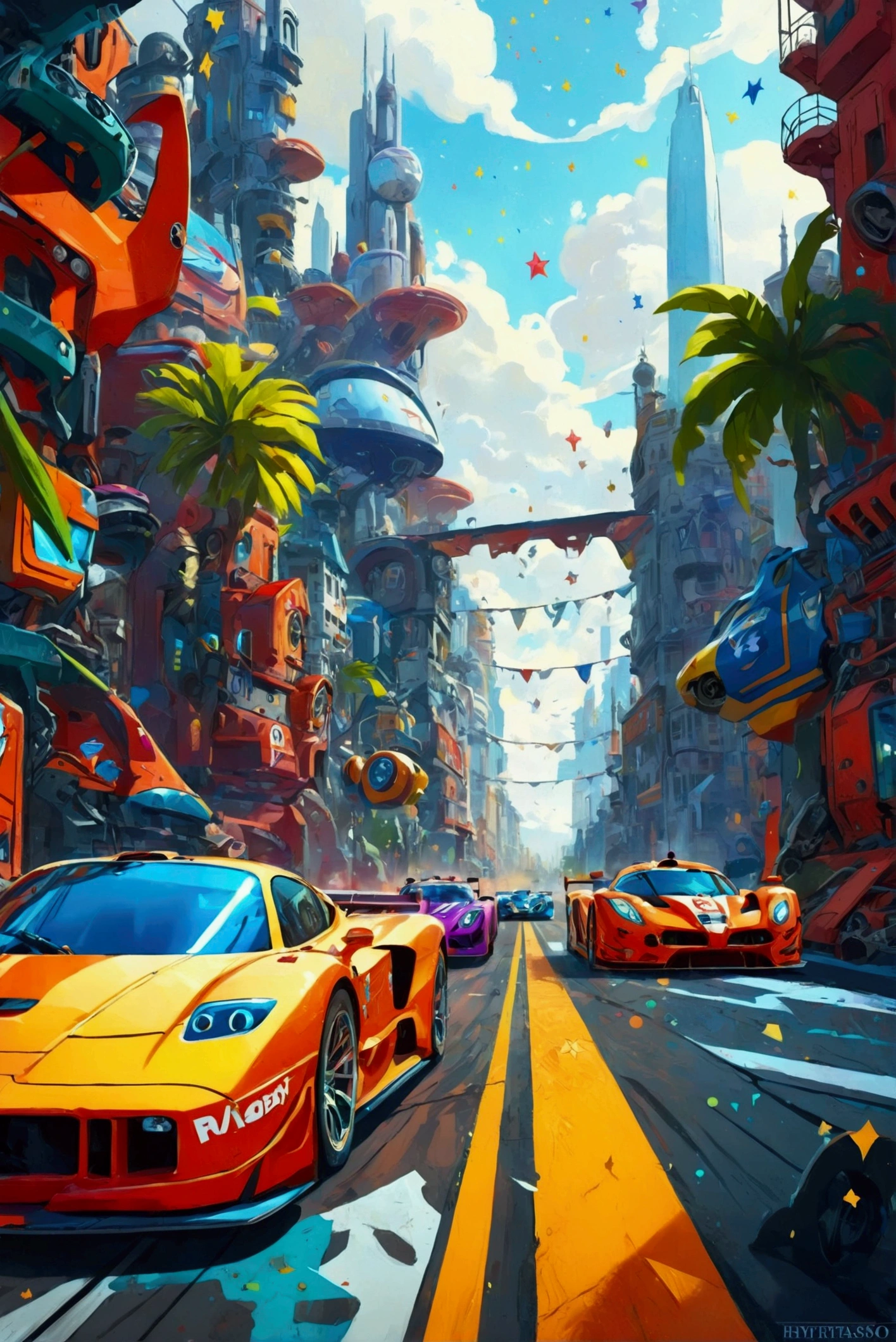 Group of racing cars against the backdrop of a huge city,  Complex and detailed racing cars , mechanized art concept,  Detailed Game Art Illustration ,  Epic Full Color Illustration ,  Hyperdetail Illustration,  Stars Within 、 Very Coherent Stylized Artwork ,  Automotive Design Art ,  Alessandro Pautasso's Art,  highly detailed official art ,  Colorful Illustrations ,   detailed digital illustration , , Vivid cartoon art