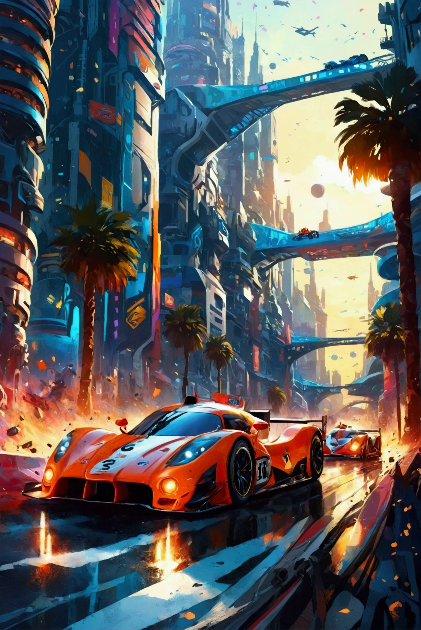 Group of racing cars against the backdrop of a huge city,  Complex and detailed racing cars , mechanized art concept,  Detailed Game Art Illustration ,  Epic Full Color Illustration ,  Hyperdetail Illustration,  Stars Within 、 Very Coherent Stylized Artwork ,  Automotive Design Art ,  Alessandro Pautasso's Art,  highly detailed official art ,  Colorful Illustrations ,   detailed digital illustration , , Vivid cartoon art