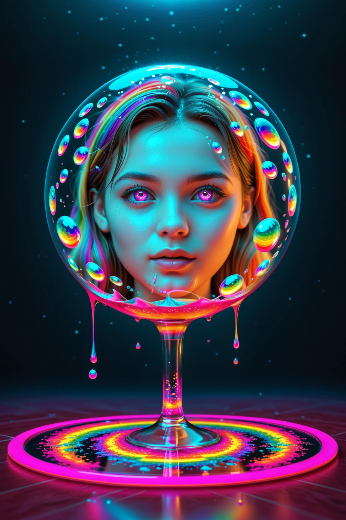 A photorealistic cinematic dream, an extremely attractive young woman, (full body shot, looking at viewer) with violet eyes is caught in a dream where psychedelic vibrant colors are shimmering, glass orbs are  levitating and spilling  out rivers of intricate rainbow patterns, perfectly formed symmetrical spheres levitate, glowing reflective bubbles are forming, attention to detail on the bubbles and spheres, rainbows of color twisted in and out of translucent orbs,spirals of swirling color fill the background, beautiful detailed digital art, pixel art,  4d mandelbulb psychedelics, glass-like  landscapes, intricate patterns of neon green and neon pink spiderweb the environment, psychedelic underwater brightness, trails of color and light, bright neon colors, psychedelic vibrant colors, colorful paint drips out of the bubbles, 3D glass spheres melting into each other spilling out colors, visually disorienting, hallucination inducing, optical illusions, startling, stunning images, awe-inspiringly, best quality wallpaper, pixel assets, portrait photography, surrealism, photorealistic, hyperdetailed, glass morphism,highly reflective, glass shines and sparkles In a room with mirrors for walls glass is morphing inside of intricate rainbow patterns, perfectly formed symmetrical spheres and glowing reflective bubbles are everywhere melting into fizzy neon patterns carpeting the ground. Attention to detail on the bubbles and spheres, rainbows of color twisted in and out of translucent orbs, spilled paint and spirals of swirling color surround the young woman, beautiful psychedelic digital art, pixel art, neon green and neon pink, 4d mandelbulb psychedelics, glass-like psychedelic landscape, intricate rainbow environment, psychedelic underwater brightness, trails of color and light, bright fluorescent colors, psychedelic vibrant colors, bright psychedelic neon colors, colorful paint drips out of the bubbles, 3D glass spheres melting into each other spilling out colors,.