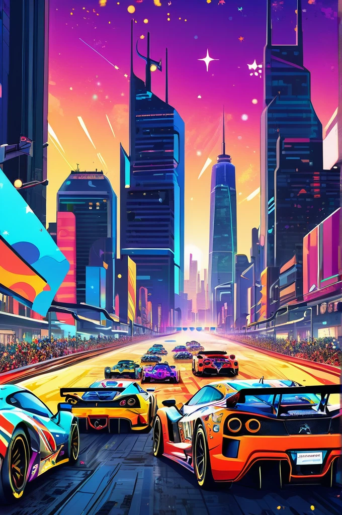 Group of racing cars against the backdrop of a huge city,  Complex and detailed racing cars , mechanized art concept,  Detailed Game Art Illustration ,  Epic Full Color Illustration ,  Hyperdetail Illustration,  Stars Within 、 Very Coherent Stylized Artwork ,  Automotive Design Art ,  Alessandro Pautasso's Art,  highly detailed official art ,  Colorful Illustrations ,   detailed digital illustration , , Vivid cartoon art