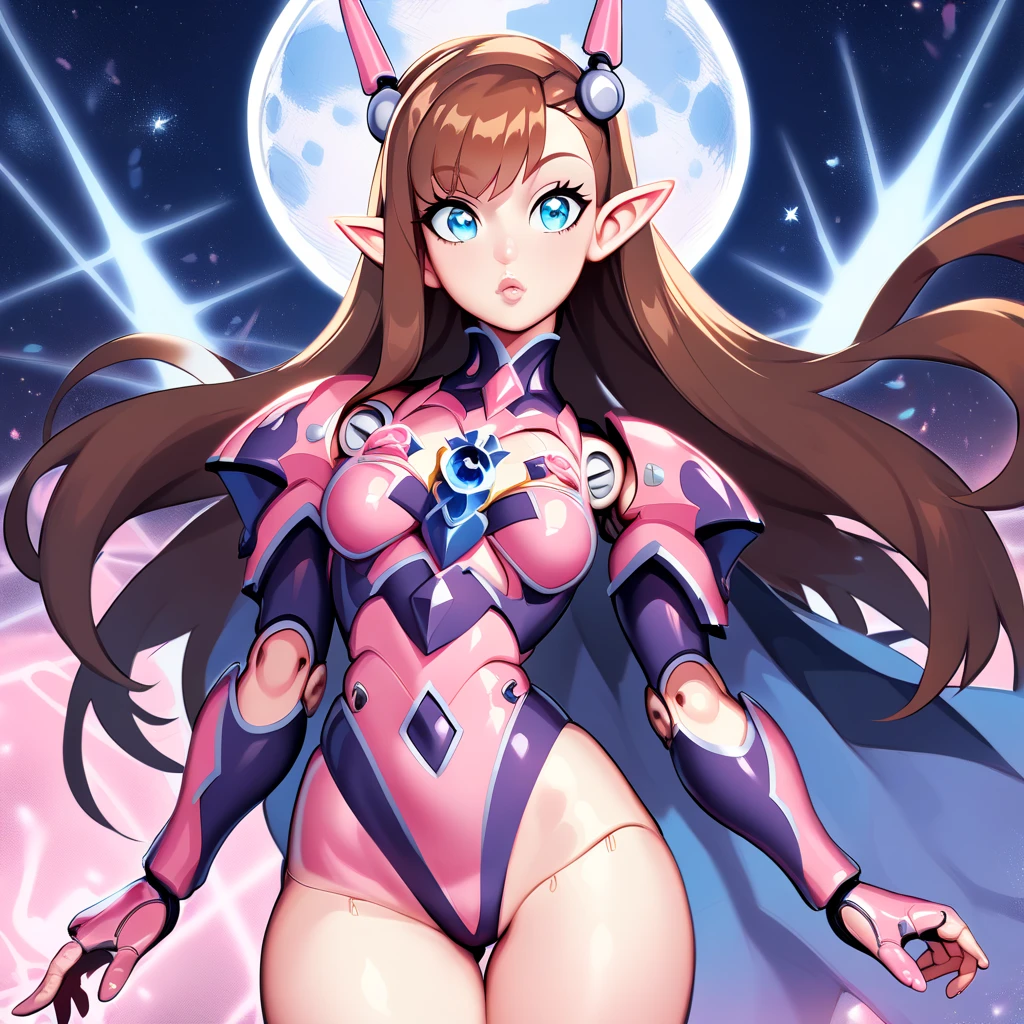 score_9, score_8_up, score_7_up, ((Masterpiece)), ((highres)), (1girl), a detailed cyborg girl, long brown hair, cybernetic waist cape, beautiful anime eyes, pink cyborg armor, cyberntic horns, ((cybirg joints)), defined elf ears, defined eyes, blue iris, long eye lashes, defined nose, curvy, wide hips, slim waist, hands to the sides oif her, ((pastel moon background))), (((waist shot)))