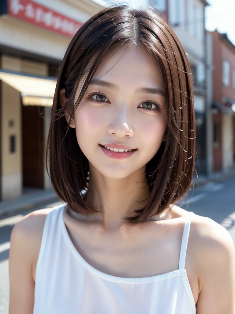 ((( face up )))、((( brown hair straight)))、((( pores must be detailed enough to be finely identified )))、((( wears clothes that look good in casual early summer 。 has hidden shoulders )))、(Natural laughter:1.25)、 half Japanese and Korean、 an 18 year old girl、 Standing Alone 、 facing forward、Light eye makeup、Brown Hair Color、 has flat and small breasts 、 hair that flutters like、 actress quality 、 has a glossy, ultra-realistic face 、Smiling face、Watery eyes、I'm staring up、 Modest lighting effects in an old wooden hot spring 、  Ultra Realistic Capture、 very detailed、 high-resolution 16k close-up of human skin 。 skin texture must be natural 、 must be detailed enough to be finely identified 、She has healthy skin 、 has a uniform tone 、 uses natural light and color 、 new like a hair salon model Outdated high quality image taken by a {x} model agency's exclusive photographer posing with York's alley in the background、smile、(((SIGMA 300 mm F/1.4,1/1000 sec shutter,ISO 400)))、The background is F-stop 1.. 4 blurry 
