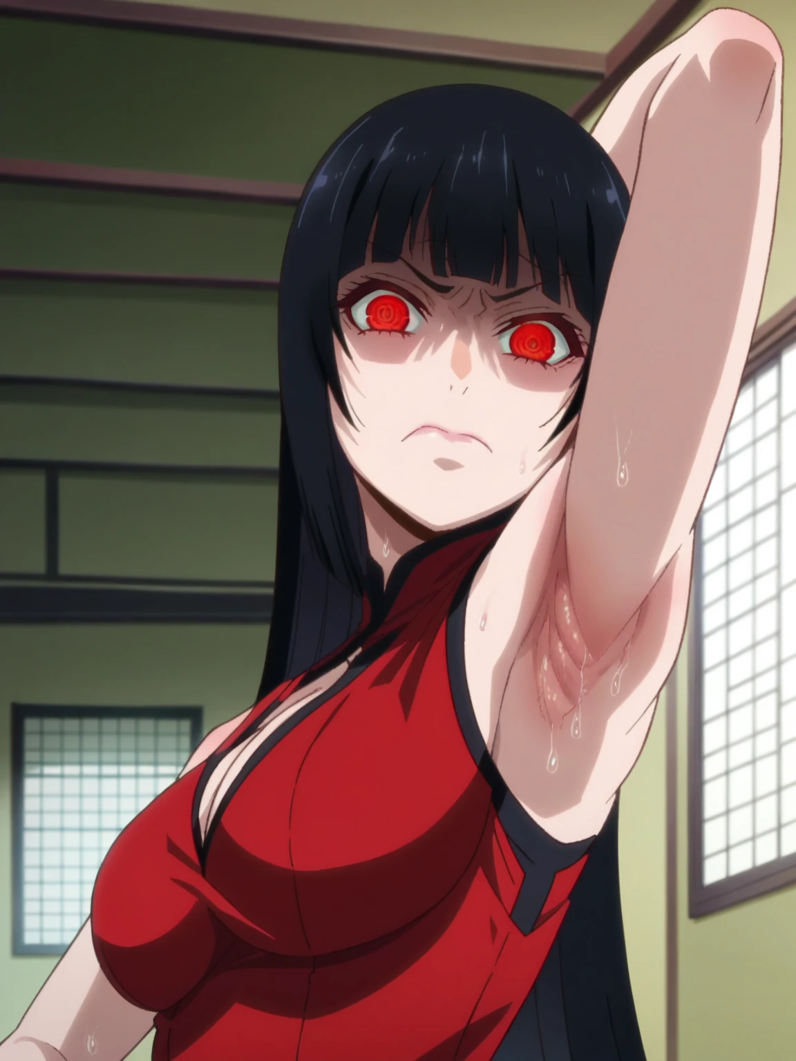 score_9, score_8_up, score_7_up, source_anime, anime screencap, 1girl, solo, indoors, day, Jabami Yumeko, red eyes, black hair, long hair, bangs, ponytails, large breasts, red chinese dress, cleavage, bare shoulders, bare arms, looking at viewer, eye contact with viewer, head towards viewer, angry, closed mouth, arm behind head, armpit, armpit up close, close-up of armpit, from side, from below, kakegurui_style, detailed armpits, sweaty armpits