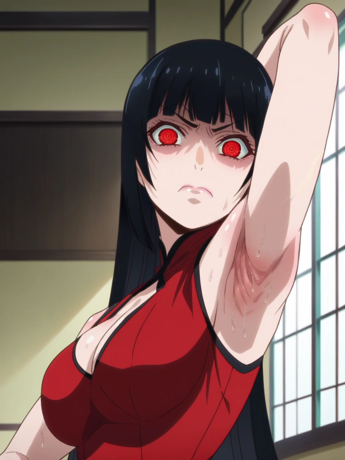 score_9, score_8_up, score_7_up, source_anime, anime screencap, 1girl, solo, indoors, day, Jabami Yumeko, red eyes, black hair, long hair, bangs, ponytails, large breasts, red chinese dress, cleavage, bare shoulders, bare arms, looking at viewer, eye contact with viewer, head towards viewer, angry, closed mouth, arm behind head, armpit, armpit up close, close-up of armpit, from side, from below, kakegurui_style, detailed armpits, sweaty armpits