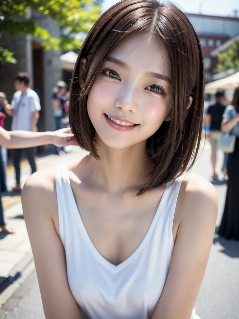 ((( face up )))、((( brown hair straight)))、((( pores must be detailed enough to be finely identified )))、((( wears clothes that look good in casual early summer 。 has hidden shoulders )))、(Natural laughter:1.25)、 half Japanese and Korean、 an 18 year old girl、 Standing Alone 、 facing forward、Light eye makeup、Brown Hair Color、 has flat and small breasts 、 hair that flutters like、 actress quality 、 has a glossy, ultra-realistic face 、Smiling face、Watery eyes、I'm staring up、 Modest lighting effects in an old wooden hot spring 、  Ultra Realistic Capture、 very detailed、 high-resolution 16k close-up of human skin 。 skin texture must be natural 、 must be detailed enough to be finely identified 、She has healthy skin 、 has a uniform tone 、 uses natural light and color 、 new like a hair salon model Outdated high quality image taken by a {x} model agency's exclusive photographer posing with York's alley in the background、smile、(((SIGMA 300 mm F/1.4,1/1000 sec shutter,ISO 400)))、The background is F-stop 1.. 4 blurry 
