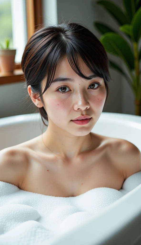 a young korean girl.
 black hair , short, spiky.
Bright gray eyes . 
Are you taking a bath in a completely naked bath .
 Foam covers your private parts 
32K anime style, HDR, UHD, intricate detail, extremely intricate detail, hyperrealistic, extremely realistic, high quality, vivid color, extremely detailed, a masterpiece).