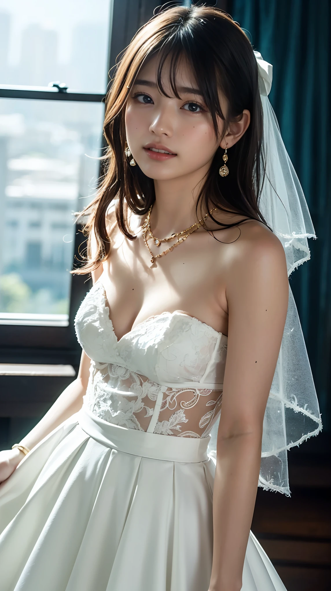 best quality, masterpiece, ultra high res, (photorealistic:1.4), 1girl, wedding dress, black hair, japanese, full body, beautiful k-pop face, blue eyes, sunlight, Mountains and rivers