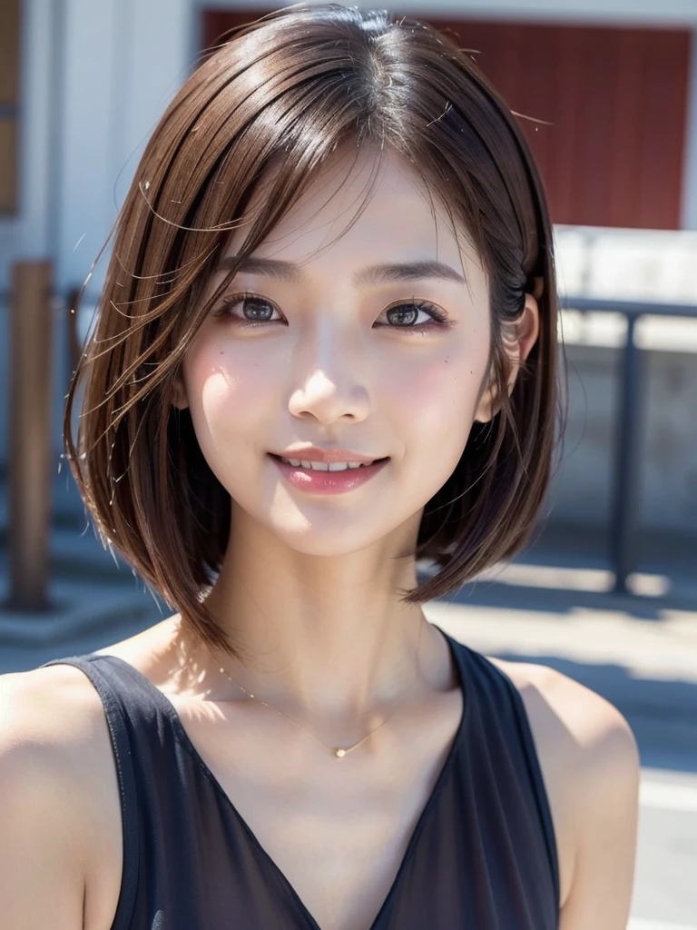 ((( face up )))、((( brown hair straight)))、((( pores must be detailed enough to be finely identified )))、((( wears clothes that look good in casual early summer 。 has hidden shoulders )))、(Natural laughter:1.25)、 half Japanese and Korean、 an 18 year old girl、 Standing Alone 、 facing forward、Light eye makeup、Brown Hair Color、 has flat and small breasts 、 hair that flutters like、 actress quality 、 has a glossy, ultra-realistic face 、Smiling face、Watery eyes、I'm staring up、 Modest lighting effects in an old wooden hot spring 、  Ultra Realistic Capture、 very detailed、 high-resolution 16k close-up of human skin 。 skin texture must be natural 、 must be detailed enough to be finely identified 、She has healthy skin 、 has a uniform tone 、 uses natural light and color 、 new like a hair salon model Outdated high quality image taken by a {x} model agency's exclusive photographer posing with York's alley in the background、smile、(((SIGMA 300 mm F/1.4,1/1000 sec shutter,ISO 400)))、The background is F-stop 1.. 4 blurry 
