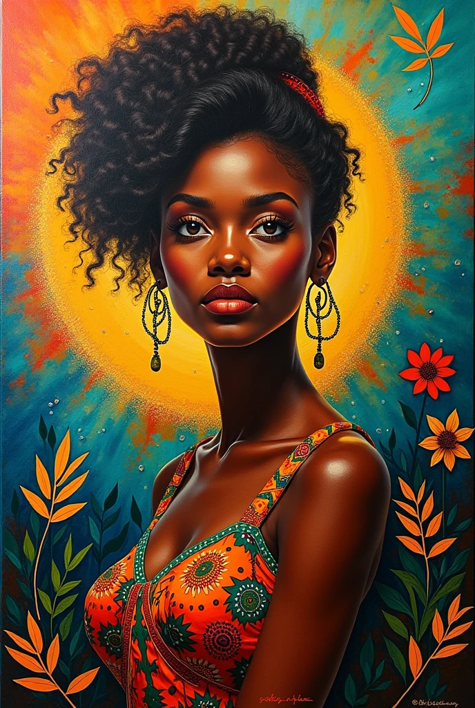 there is four African Goddess ((film noir)) portrait painting of looking at the camera with a subtle smile, she is wearing red lipstick and small black earrings and has bare shoulders and ((exposed breasts)), shaft of light, by Gediminas Pranckevicius, Jean Giraud, Russ Mills, Carne Griffiths