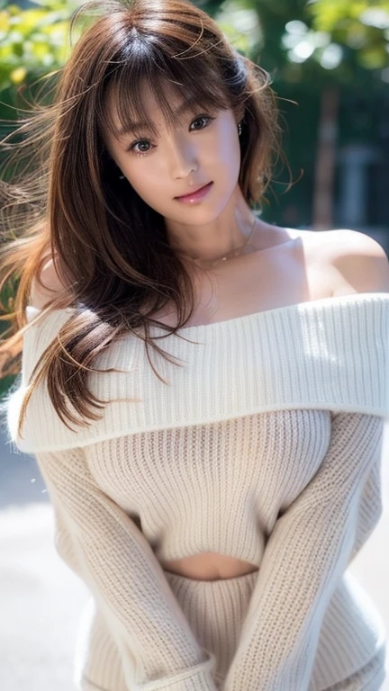 (Firm big breasts:1.5),(white fluffy off-shoulder knitted t-shirt),Tight micro mini skirt, high heels,25 year old cute Japanese woman ,(8k)、 RAW photo、 high definition , best quality、(masterpiece:1.2)、(Genuine、Photographically:1.37), light brown hair 、 Detailsな顔、唇の Details、 Details、 perfect body、、whole body、 Model Pose 、 looking at the camera 、 opening slightly, 