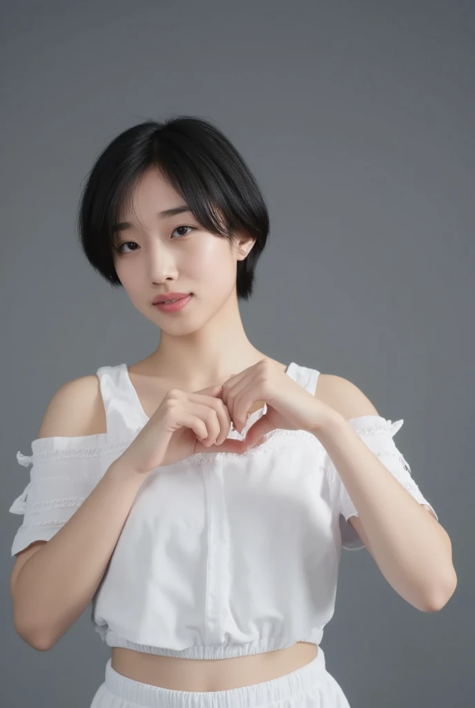 Only one woman with a cute smile wears cute, fluffy off-shoulder pajamas, makes a big heart shape with both hands, and poses them in front of her chest, View above collarbone、The background is a monotone 、
