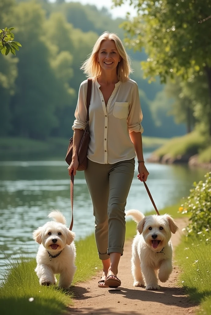 A blonde woman. She is approach 50 and walks two Maltese dogs. One is still a puppy . The walk is along a river . Create a high-resolution image.