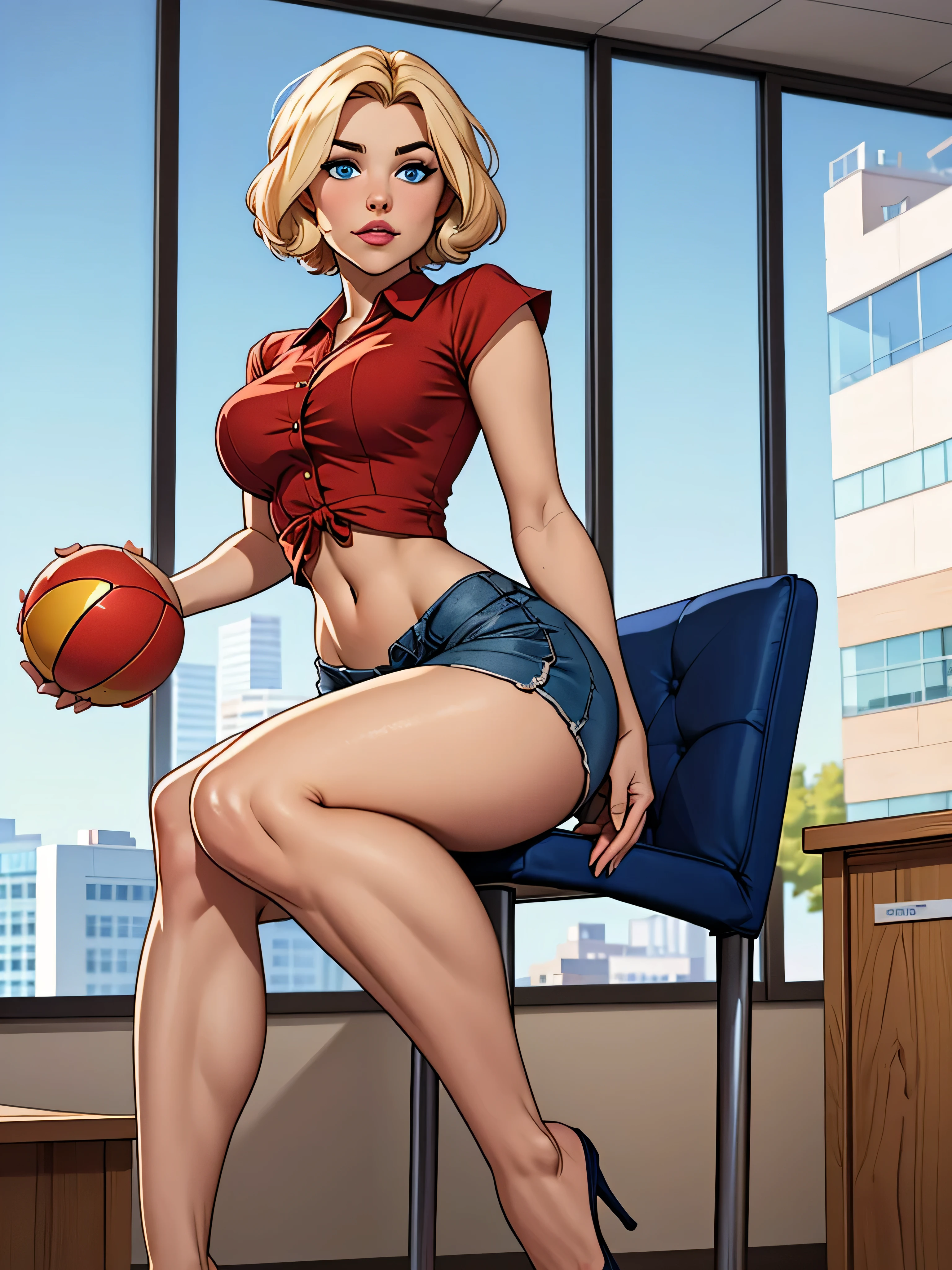 Blonde girl with short hair, blue eyes, CURVES, breasts, thighs, wearing a red blouse and blue shorts, Sitting in a chair in a relaxed position, with an office with glass windows in the background Holding A ball in one hand