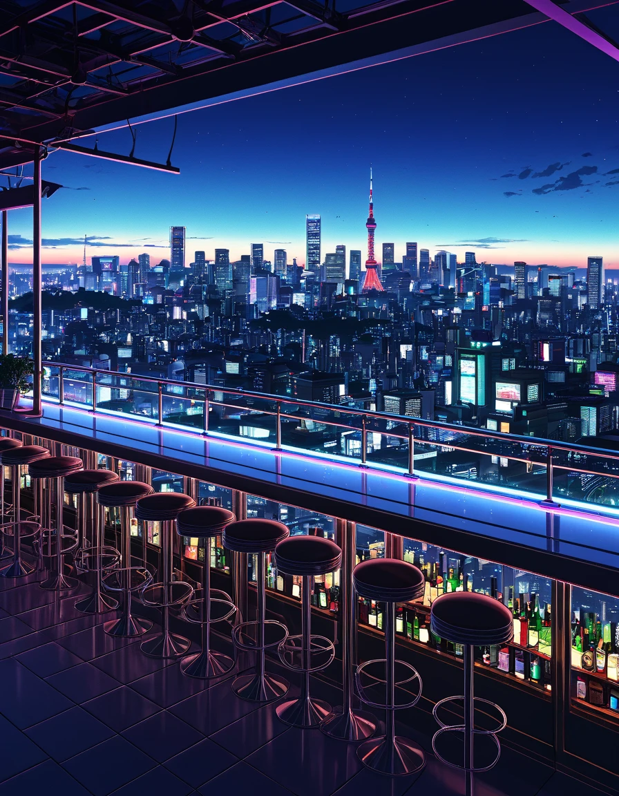 sketch arafed bar view with city view,  bar illustration / laze , installed on the roof of Tokyo ,  laze  background,  relaxing concept art ,  neo-noir setting , Concept -art zveropolis, background art ,  on the future Tokyo Knight roof ,  concept art amazing atmosphere , background art work, neon roof light ,  Stylized urban fantasy art, городской крыши  Realistic image , masterpiece,  artwork,  hyperrealistic , rendering ,  realistic physical rendering ,  Photorealistic rendering ,  highly detailed ,  high-quality render ,  architectural rendering ,  very realistic 3D render ,  Realistic image ,