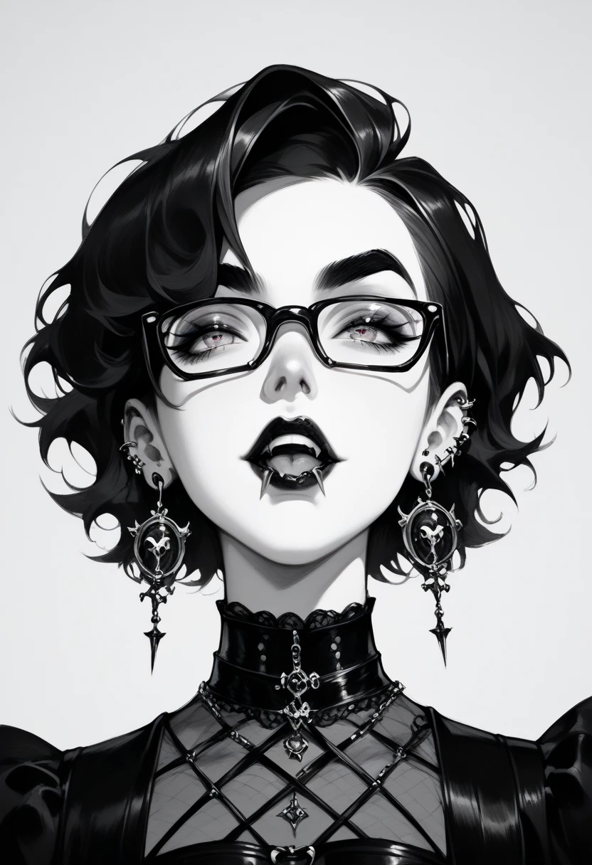 (best quality, masterpiece:1.2), simple lines, anime style, goth girl, huge breasts, glasses, choker, crucifix earrings on one ear, dark background