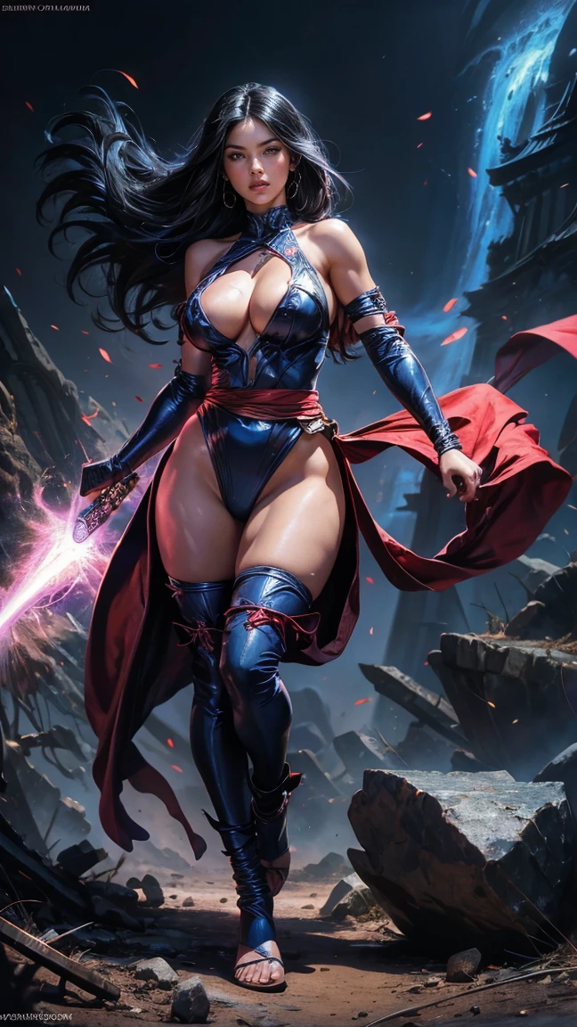 Art image of Olivia Munn as Psylocke, busty, beautiful, dark blue costume with red sash at her waist black hair, by Louis Royo, Boris Vallejo, J. Scott Campbell, extreme focus, sharp details, sexy, oily skin, show feet, full body