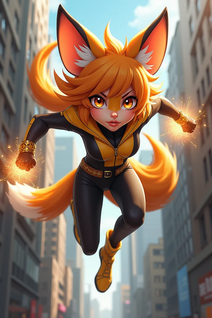 Cheetah Superhero Female, view from below, athlete body, Yellow and black cheetah fur, long nails, long wavy blonde hair, glowing green eyes, Furiously angry, Jump from the top of the Skyscaper