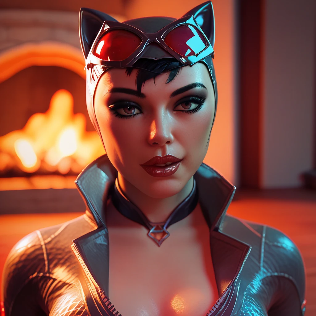 Catwoman, 19th-century house, fireplace, erotic pose, warm lighting, detailed face