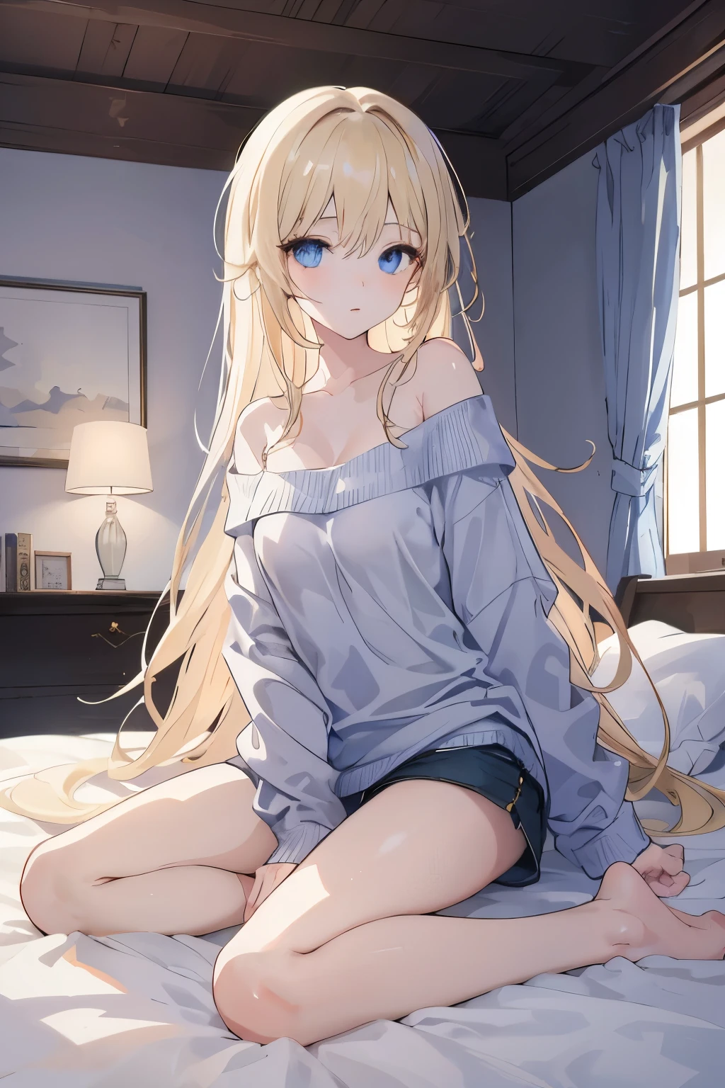 {1girl, solo, nsfw, masterpiece, beautiful lighting}, sitting on bed, light blonde hair, long hair, baby blue eyes, light blonde eyelashes, long eyelashes, blushing, flustered, {light blue hoodie, white and light blue striped panties}