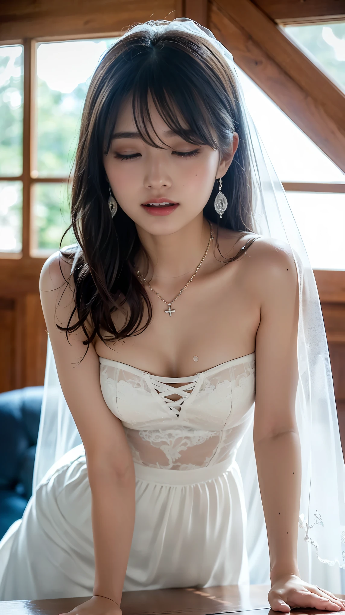 One piece wedding dress、Beautiful young wife、Super detailed、Particles of light:0.5、Shiny and smooth skin texture、First Night、Love each other、Beautiful clear eyes、Secret Love Affair、Sex、、Natural Texture、Short Hair、、Mature slender beauty、Small breasts、Dignified face、Love each other男と女、Nasty relationship、Place your hand on your chest、slouch