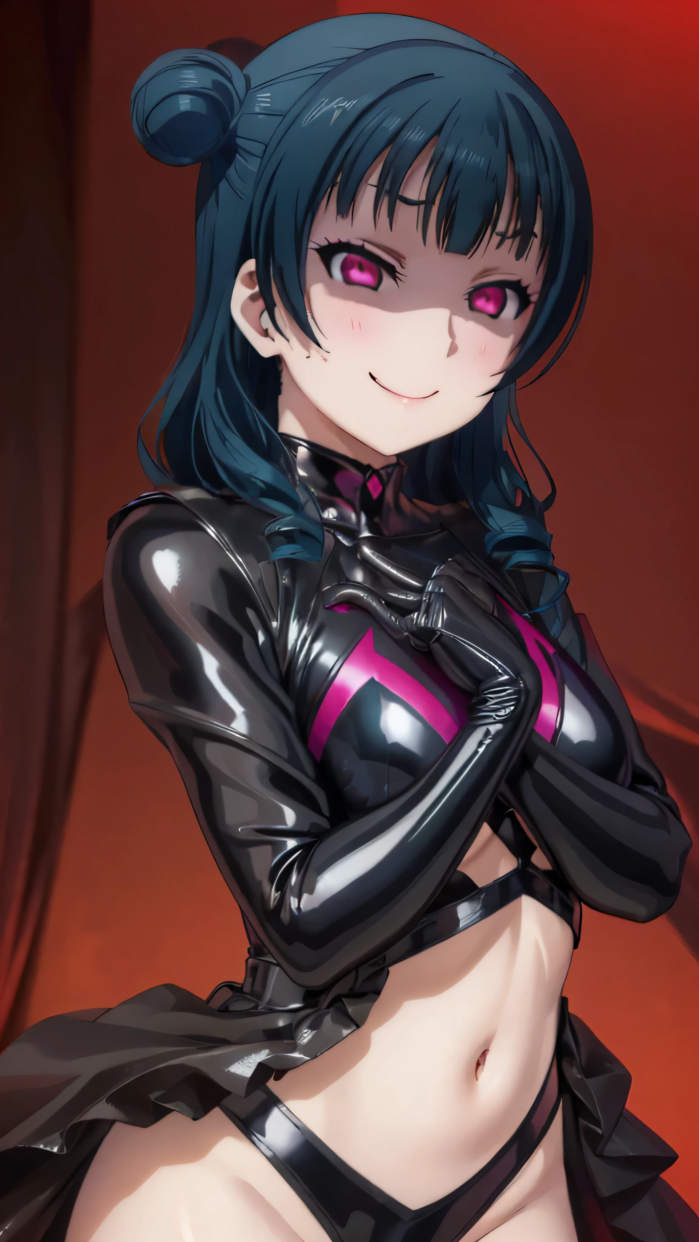 night、lovelive Black Background、Evil background、、Sensual dark light、A shiny black rubber suit that wraps around the body、tall、Upper Body、adult、、Alone、Navy blue hair twin tail drill Volumie、Upper Body、Evil female warrior、Fantasy、Condescending smile、Fallen into evil、Fall into Darkness, Yoshiko Tsushima,very evil smirk, (((black latex gloves)))、uneasy red background,beautiful hands,beautiful body,looking down at viewer,two hands,(masterpiece, best quality),