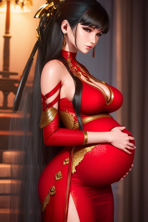 Pregnant eve, tight red and gold dress, cleavage cutout, black fringe hair, curved back