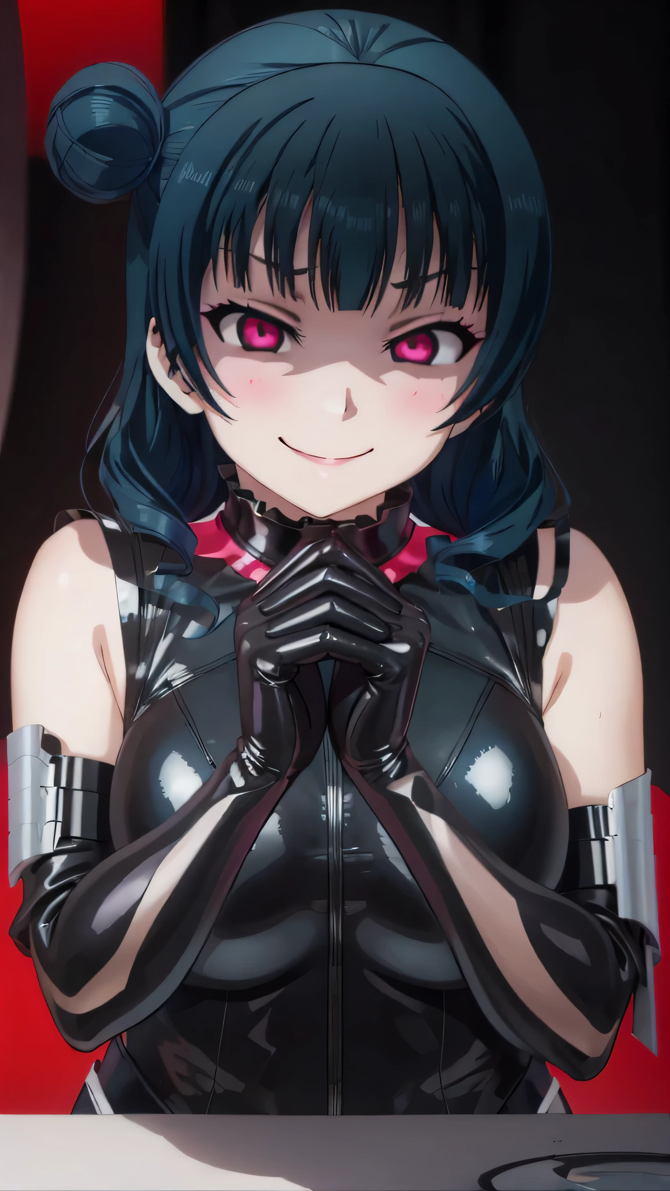 night、lovelive Black Background、Evil background、、Sensual dark light、A shiny black rubber suit that wraps around the body、tall、Upper Body、adult、、Alone、Navy blue hair twin tail drill Volumie、Upper Body、Evil female warrior、Fantasy、Condescending smile、Fallen into evil、Fall into Darkness, Yoshiko Tsushima,very evil smirk, (((black latex gloves)))、uneasy red background,beautiful hands,beautiful body,looking down at viewer,two hands,(masterpiece, best quality),