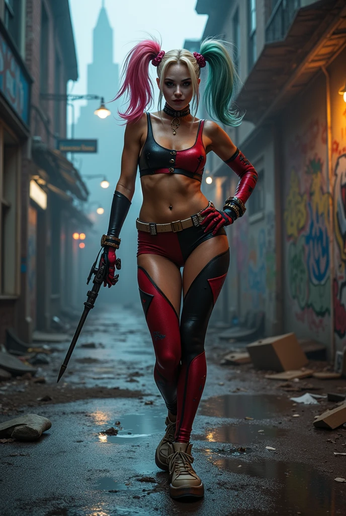 Margot Robbie as Harley Quinn (Suicide Squad movie) wearing a skimpy Harley Quinn (Suicide Squad) outfit, beautiful girl, nsfw, thick thighs, busty, cleavage, not safe for work, nipples, perfect vagina, trimmed pussy hair, thick pubic hair, dark inspired makeup, able to see nipples & pussy through clothing, city background, daylight,