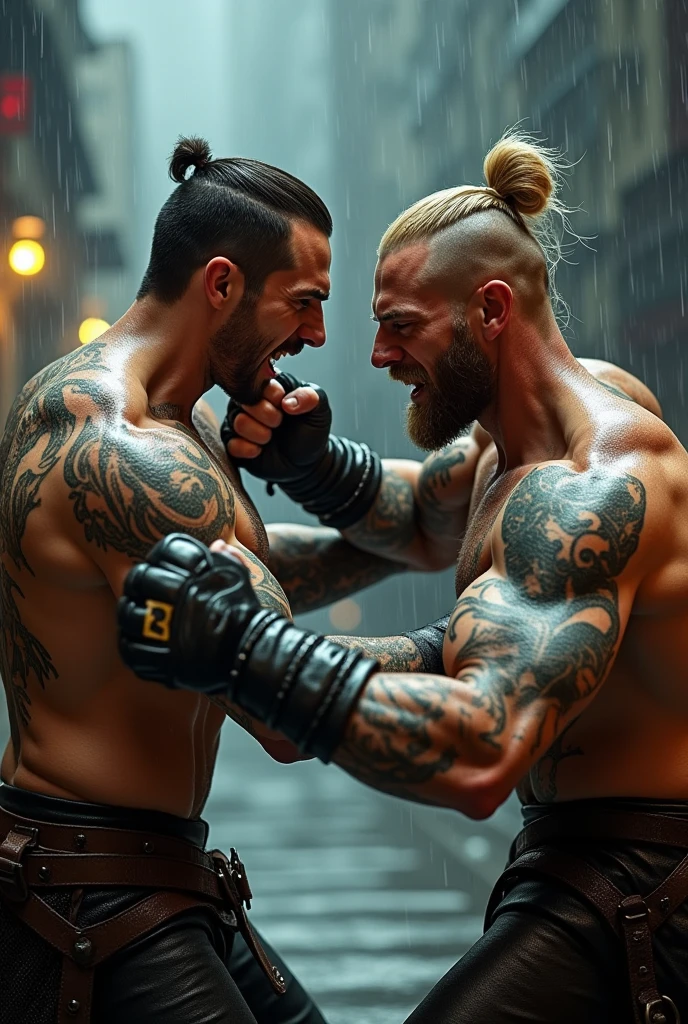 (two deeply passionate, naked tattooed blonde bodybuilder men kissing intensely in a dark and moody atmosphere) seen from a low angle