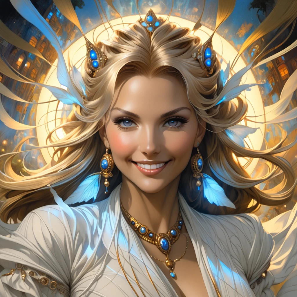 Hyperrealistic surreal and fantasy composition Perfect and dynamic digital painting, portrait of incredibly beautiful smiling woman, luxurious blond hair fluttering, black light atmosphere, style of Jose Royo, Boris Vallejo, Carne Griffiths, Vadim Kashin, Harrison Fisher, Brian Froud and Jeremy Mann, epic setting, black light show, various styles of Stedman, Hanukkah, Klimt, Bell, Hobby, Newton, Greg Rutkowski, atmospheric, trend artstation, artgerm, deviant art, octane, masterpiece, intricate art, details Intricate, movie poster with matte painting, golden ratio, trend on cgsociety, incredibly detailed and incredibly beautiful, high quality