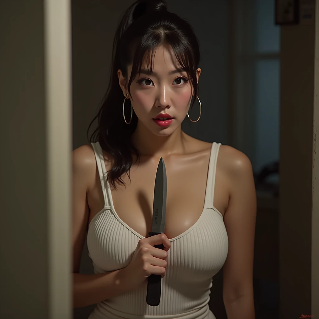 korean girl, (behind corpse, corpse has very big saggy breasts:1.4, ), blood splatter, holding knife, stabbing, black gloves, room full of blood, transparent light blue raincoat, hood up, holding knife, black gloves, behind corpse, short hair, night, mass murderer, robbery, in the hospital, unzipped
