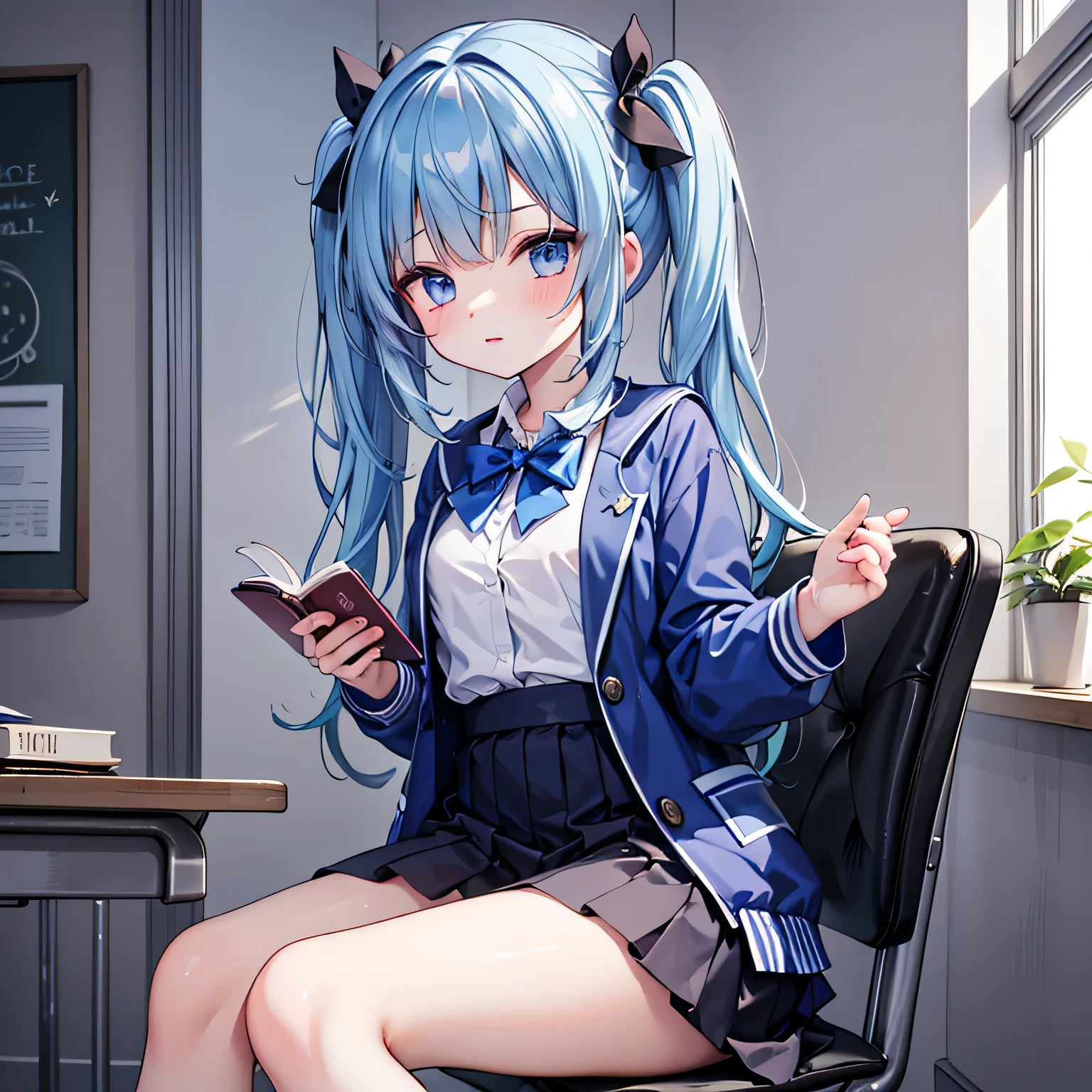 light blue hair,Translucent black silk,Interior office background,quadratic element,Black hip skirt,Rich facial expressions,Smiling,Fine fine skin,Black high heels,8K,the highest picture quality,Primary color character Gan Yu,Brown eyes,Holding a doll,sit on chair,office room,Office chair,Reasonable facial structure,Vivid eyes,Smiling,Indoor office scene,Reasonable facial structure,Vivid eyes,hair detail,Reasonable body structure,Rich interior scenes,the soft light,clothes details,The legs are shiny,(White color blouse:1.2)
